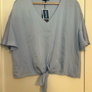 Fashionable Light Blue Tie-Front Blouse